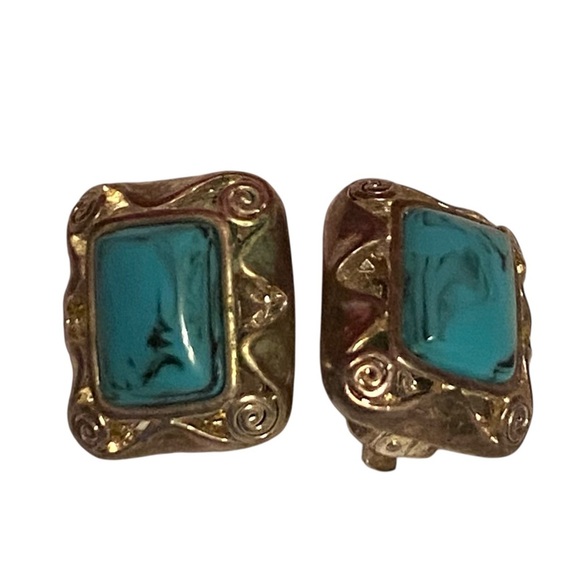 Vintage Womens Blue And Silver Faux Turquoise Retro Clip On Earrings - Picture 2 of 7